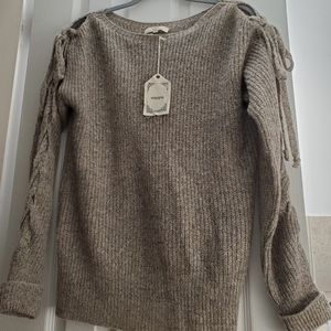 Entro Taupe Braided Tie Sleeve Sweater